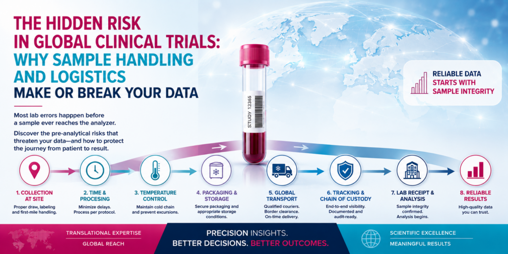 Clinical trial sample handling and logistics journey from collection through transport, tracking, laboratory analysis, and reliable data.