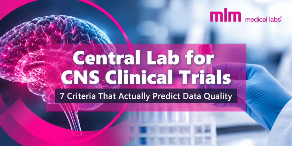 CNS clinical trial biomarker testing illustrated by a glowing brain and laboratory sample analysis.